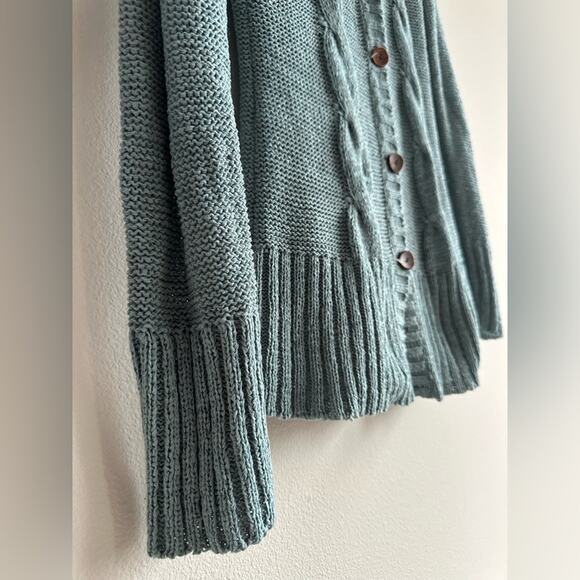 Y2K BCBGMaxazaria Knit Cardigan Hooded Blue Sweater Wood Buttons Size Large - Picture 5 of 8